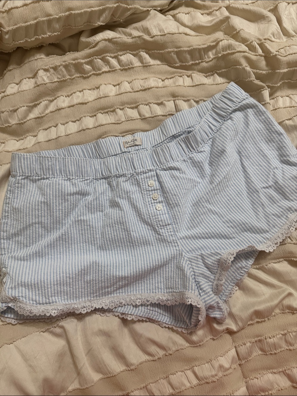 Blue Stripe Lace-Trim Sleep Shorts by Brandy Melville